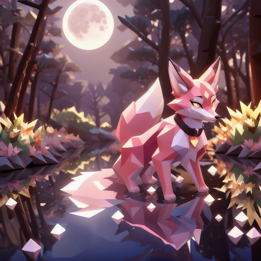low polygon vixen, pink fur and countershading, pink hair, pink tail, yellow eyes, visible fox paws, have collar, is drinking water into a river, have piercings, background, shadow, moon light, reflected light on the fur, backlighting,masterpiece, shaded, high detail, low poly res, low poly style,Spirit Fox Pendant