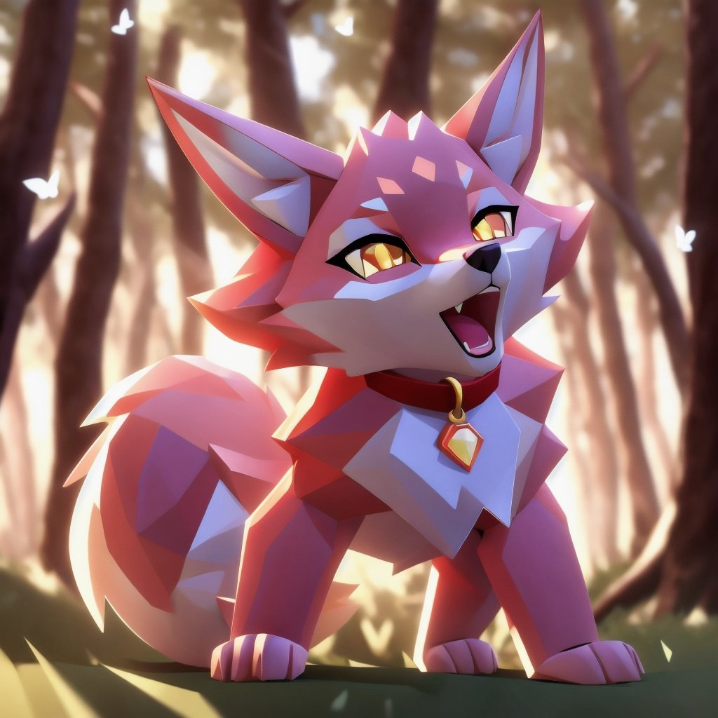 low polygon vixen, pink fur and countershading, pink hair, pink tail, yellow eyes, visible fox paws, have collar, is chasing butterfly , open mouth, visible fangs, have piercings, background, shadow, sun light, reflected light on the fur, backlighting,masterpiece, shaded, high detail, low poly res, low poly style,Spirit Fox Pendant