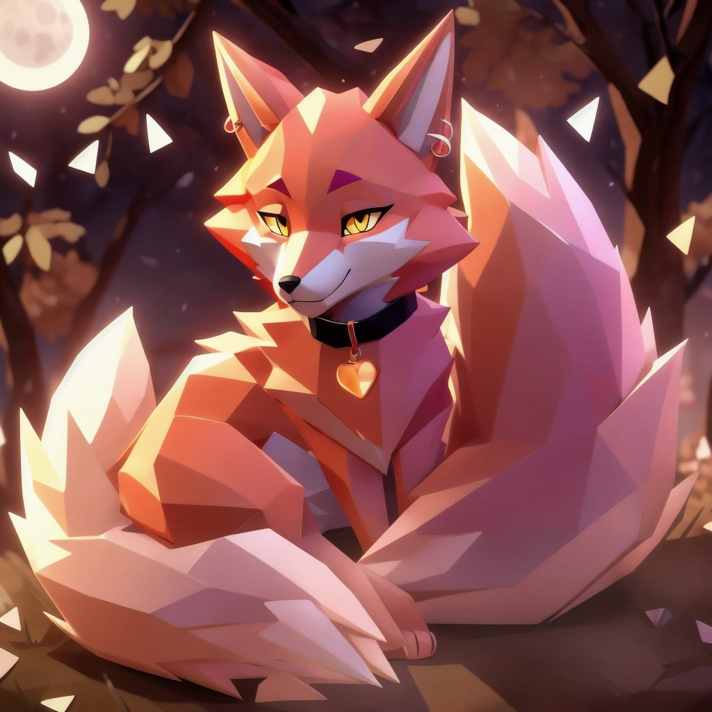 low polygon fox, pink fur and countershading, pink hair, pink tail, yellow eyes, visible fox paws, have collar, is sleeping, visible fangs, have piercings, background, shadow, moon light, reflected light on the fur, looking at the viewer, backlighting,masterpiece, shaded, high detail, low poly res, low poly style,Spirit Fox Pendant