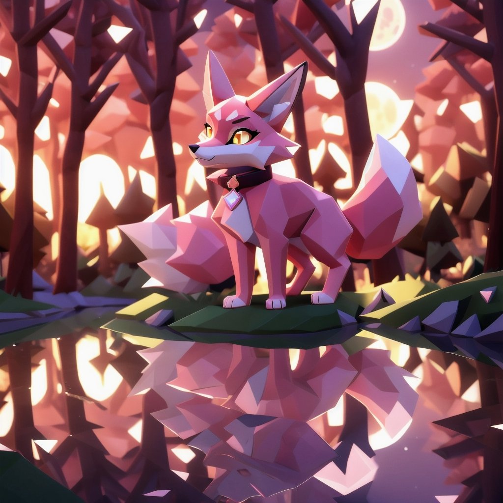 low polygon vixen, pink fur and countershading, pink hair, pink tail, yellow eyes, visible fox paws, have collar, drink near a river, visible fangs, have piercings, background, shadow, moon light, reflected light on the fur, backlighting,masterpiece, shaded, high detail, low poly res, low poly style,Spirit Fox Pendant