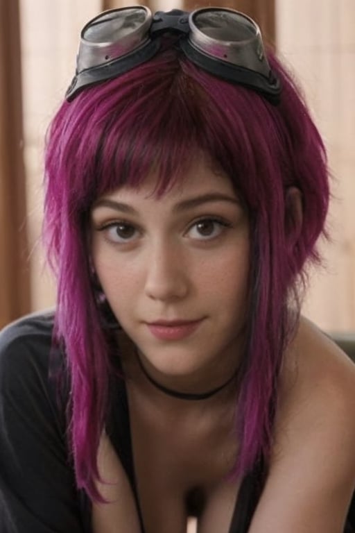 18 years old teen,(((full naked))), sexy smile ,freckles, (((hair cut short all around, except for two long front pieces on either side of her face pink color with a  ramona flowers goggles))),edgy, femme, and emo looks hair, looking at one side, graving her breast,nipples,high definition, 8k, photography, laying down in her bed and spreading her legs, dildo in her vagina