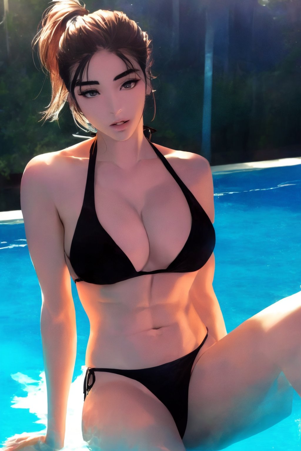 1girl, looking at viewer, thigh up body, kpop idol, styled outfit, on stage, professional lighting, different hairstyle, coloful,pool side,best quality, masterpiece,flat chest,transparent black bikini, sexy pose,sexy,