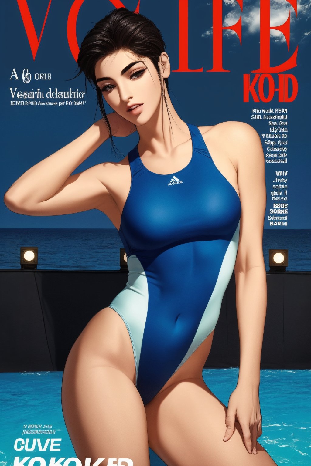 1girl, looking at viewer, thigh up body, kpop idol, styled outfit, on stage, professional lighting, different hairstyle, coloful, magazine cover, best quality, masterpiece,blue one-piece swimsuit,