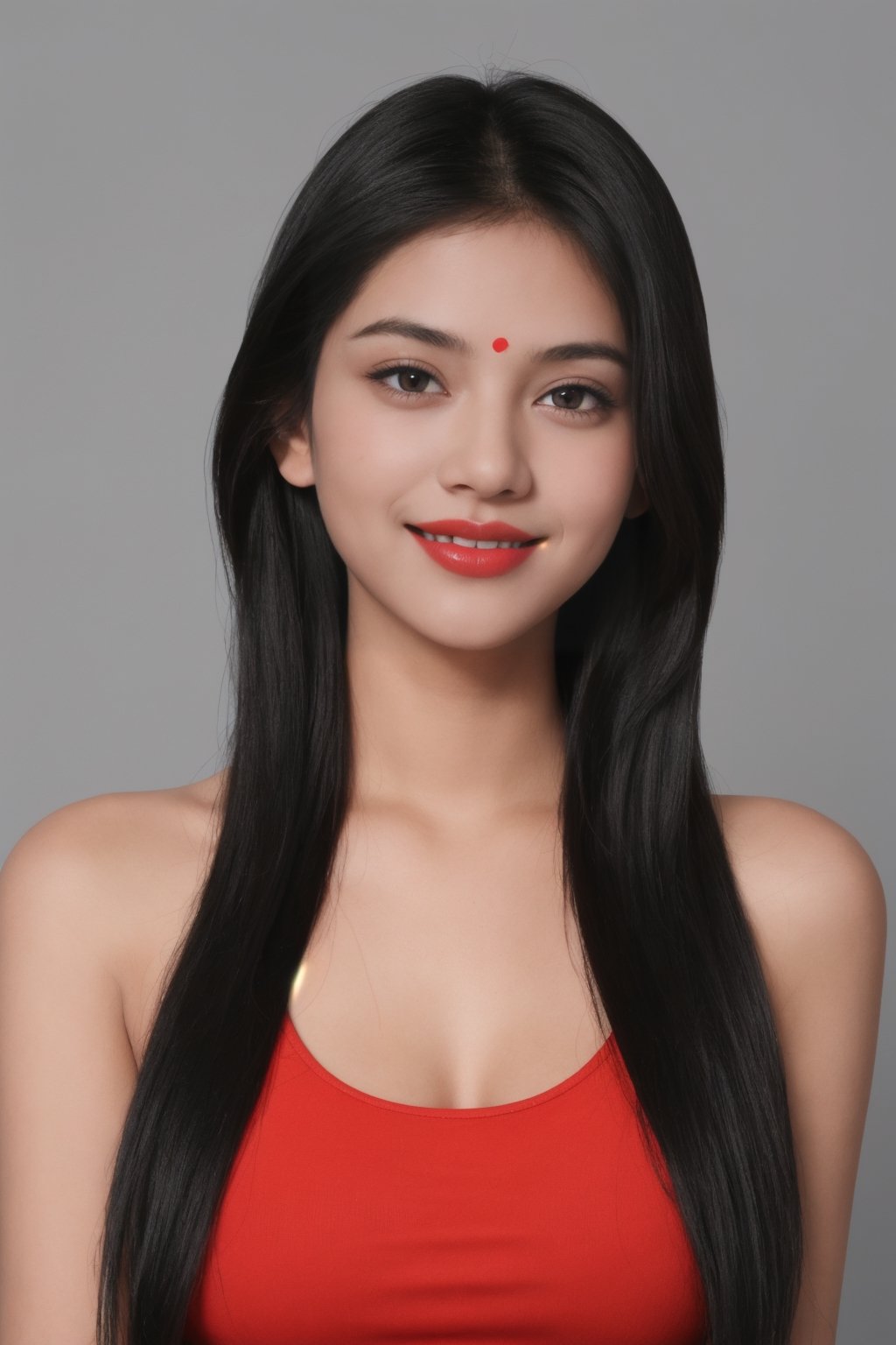 Indian girl, smiling, zoom face on camera, slim body, big boobs 2.5 so beautiful, 

Full makeup, 

gray eyes, 

very beautiful, 

black hair, 

gray background, 

red lips, 

long hair, 

Real jewelry, in Saroj Sahu Style, Contentmentism,