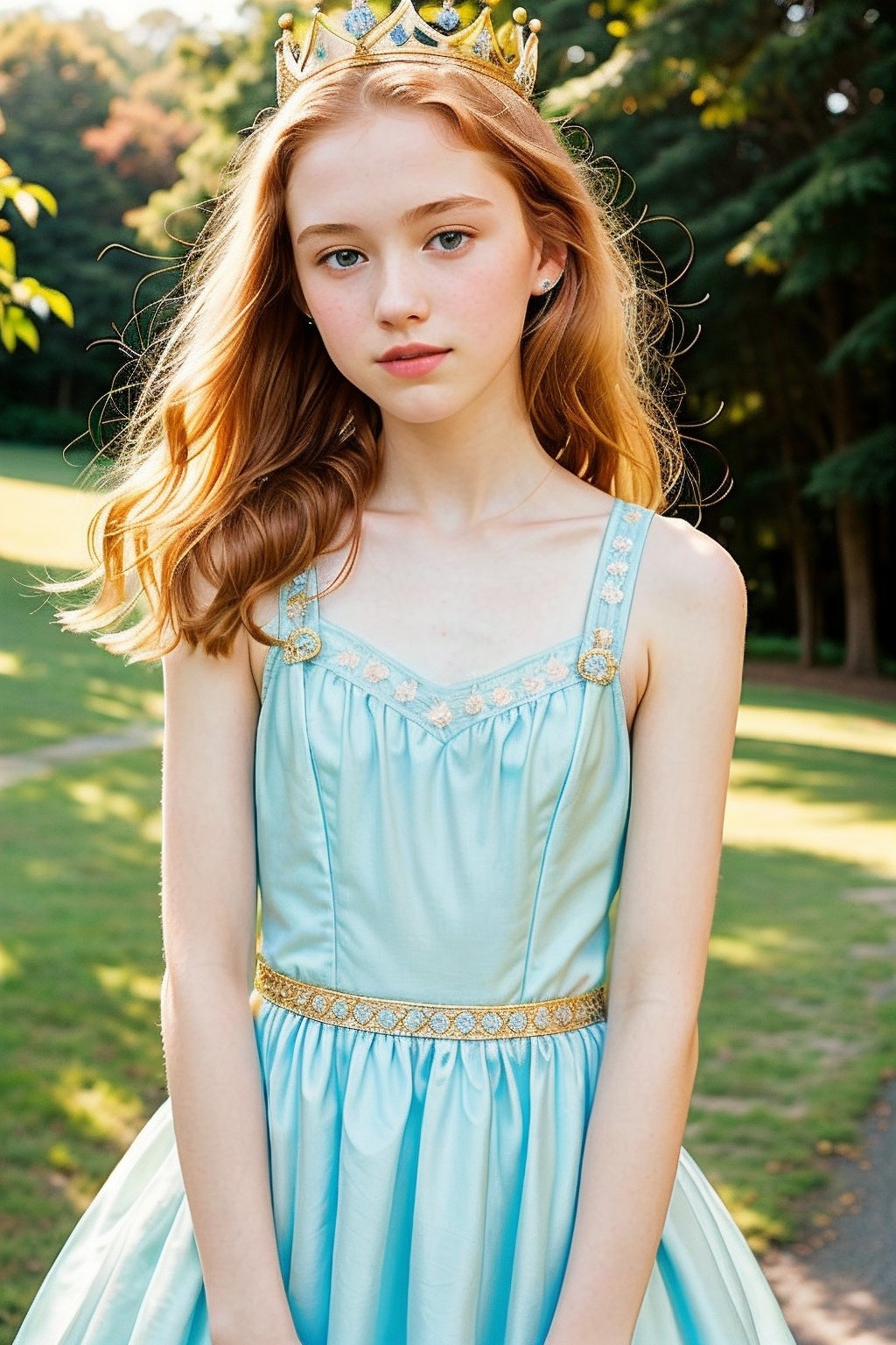 instagram photo, closeup face photo of 16 y.o Chloe, cleavage, pale skin, (smile:0.4), hard shadows, blue eyes, Redhead,  neckline, teen body, adolescent, teen, 13  years old, princes design dress, golden crown,