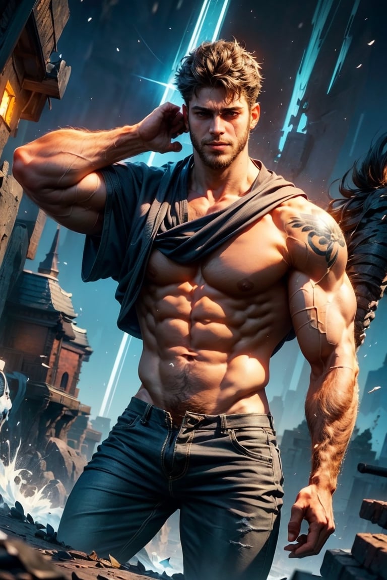 best quality, masterpiece,	(muscular European guy, 25year old:1.5),	(In the background, a black dragon protecting a guy),	(body covered in words, words on body:1, tattoos of (words) on body:1.2), (a fine beard:1.1),	(a curious look:1.4),	16K, (HDR:1.4), high contrast, bokeh:1.2, lens flare,	random angles, random poses, 	shot Wave dark gray hair, 	beautiful and aesthetic, vibrant color, Exquisite details and textures, cold tone, ultra realistic illustration,siena natural ratio, anime style,	a shirt, jeans,	ultra hd, realistic, vivid colors, highly detailed, UHD drawing, perfect composition, ultra hd, 8k, he has an inner glow, stunning, something that even doesn't exist, mythical being, energy, molecular, textures, iridescent and luminescent scales, breathtaking beauty, pure perfection, divine presence, unforgettable, impressive, breathtaking beauty, Volumetric light, auras, rays, vivid colors reflects.,1man,thedragon
