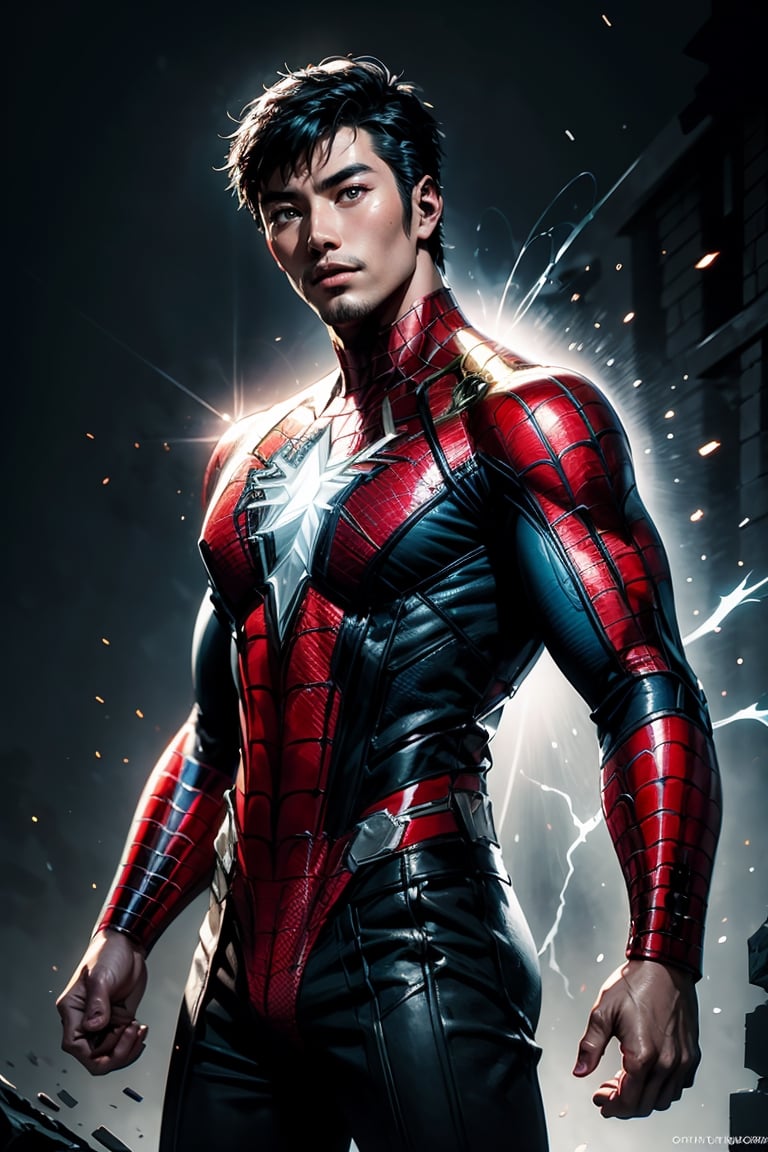 best quality, masterpiece,	(Handsome asian guy, 45year old:1.5),	(Marvel theme:1.4), Spider-Man costume,	(body covered in words, words on body:0, tattoos of (words) on body:0), (a fine beard:1.0),	(a curious look:1.2),	16K, (HDR:1.4), high contrast, bokeh:1.2, lens flare,	Full length side view, lean against the wall, 	beautiful and aesthetic, vibrant color, Exquisite details and textures, cold tone, ultra realistic illustration,siena natural ratio, anime style, 	long Wave black hair,	ultra hd, realistic, vivid colors, highly detailed, UHD drawing, perfect composition, ultra hd, 8k, he has an inner glow, stunning, something that even doesn't exist, mythical being, energy, molecular, textures, iridescent and luminescent scales, breathtaking beauty, pure perfection, divine presence, unforgettable, impressive, breathtaking beauty, Volumetric light, auras, rays, vivid colors reflects.