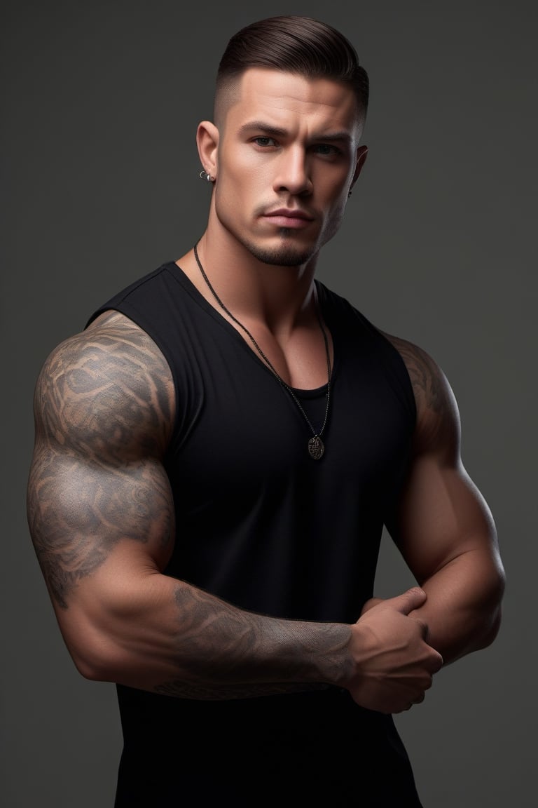 The image features a handsome man with tattoos on his arms and chest, posing for a picture. He is wearing a black shirt that showcases his upper body tattoos. His muscular build and attractive appearance make him stand out in the photo.creat the picture with a second buddy
Portrait,(Best photorealistic), masterpiece:1.5, beautiful lighting, best quality, beautiful lighting,  most realistic, real image, intricate details, everything in razor sharp focus, perfect focus, male focus, perfect face, extremely handsome, extremely muscular, Photograph, masterwork, meticulous nuances, supreme resolution, 32K, ultra-defined, extremely shallow depth of field, very defined faces, excellent quality, masculine and beautiful black men, full body shot. A photograph of a beautiful men. Mature, 25 yo. , pretty eyes, muscular. very hairy, Camera settings to capture such a vibrant and detailed image would likely include: Canon EOS 5D Mark IV, Lens: 85mm f/1.8, f/4.0, ISO 100, 1/500 sec,<lora:659095807385103906:1.0>