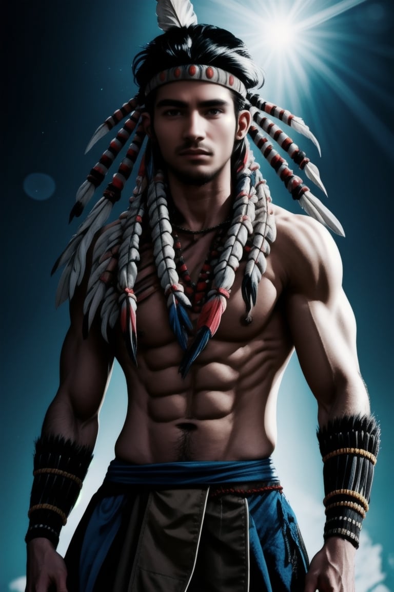 best quality, masterpiece,	(Handsome native Indian guy, 35year old:1.5),	(fantasy theme:1.4),leather costume,	(body covered in words, words on body:0, tattoos of (words) on body:0), (a fine beard:0),	(a Cruel look:1.2),	a muscular body, 16K, (HDR:1.4), high contrast, bokeh:1.2, lens flare,	head to thigh portrait,	beautiful and aesthetic, vibrant color, Exquisite details and textures, cold tone, ultra realistic illustration,siena natural ratio, anime style, 	Straight blonde hair,	ultra hd, realistic, vivid colors, highly detailed, UHD drawing, perfect composition, ultra hd, 8k, he has an inner glow, stunning, something that even doesn't exist, mythical being, energy, molecular, textures, iridescent and luminescent scales, breathtaking beauty, pure perfection, divine presence, unforgettable, impressive, breathtaking beauty, Volumetric light, auras, rays, vivid colors reflects.,Pectoral Focus,<lora:659111690174031528:1.0>