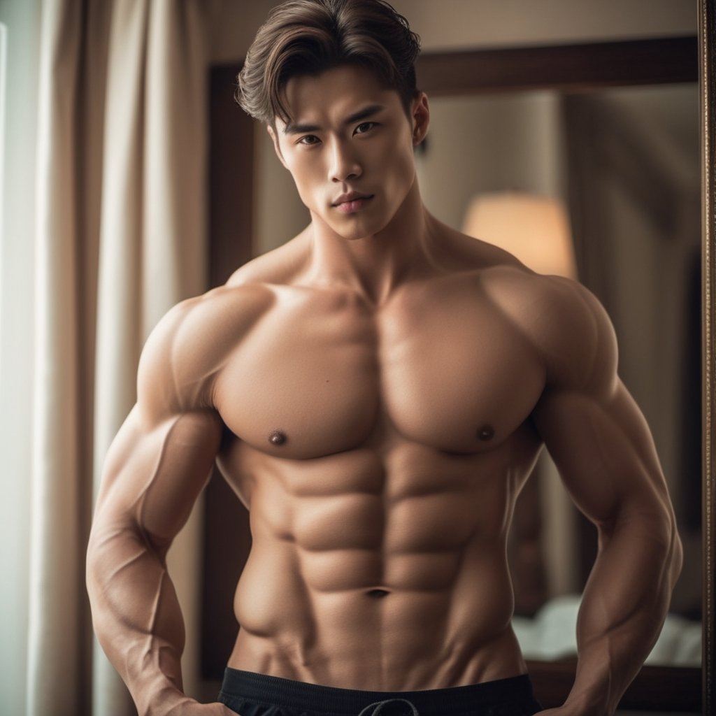 The image features a shirtless stunning beautiful Jung  man posing in front of a mirror, showing off his muscular physique. The man has a abdomen are also visible making it clear that he 