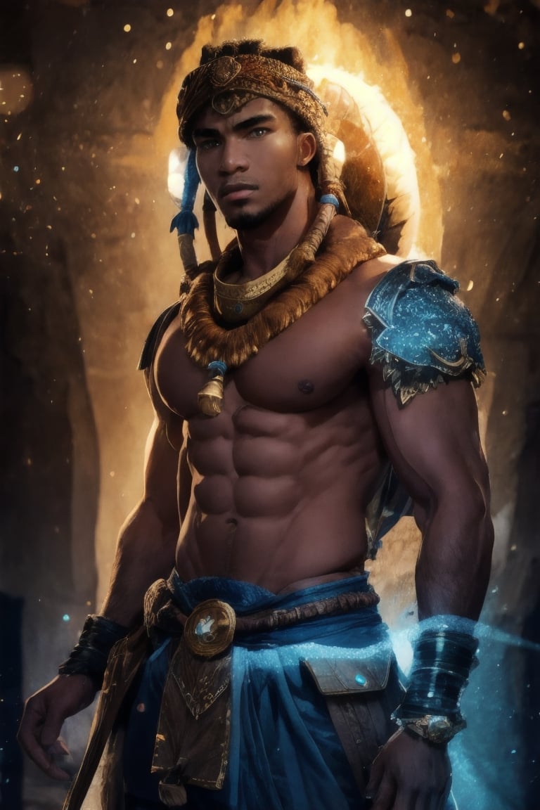 best quality, masterpiece,	(Handsome African- American guy, 24year old:1.5),	(fantasy theme:1.4), Warrior costume,	(body covered in words, words on body:0, tattoos of (words) on body:0), (a fine beard:0),	(a Cruel look:1.2),	a muscular body, 16K, (HDR:1.4), high contrast, bokeh:1.2, lens flare,	head to thigh portrait,	beautiful and aesthetic, vibrant color, Exquisite details and textures, cold tone, ultra realistic illustration,siena natural ratio, anime style, 	Straight blonde hair,	ultra hd, realistic, vivid colors, highly detailed, UHD drawing, perfect composition, ultra hd, 8k, he has an inner glow, stunning, something that even doesn't exist, mythical being, energy, molecular, textures, iridescent and luminescent scales, breathtaking beauty, pure perfection, divine presence, unforgettable, impressive, breathtaking beauty, Volumetric light, auras, rays, vivid colors reflects.,Pectoral Focus