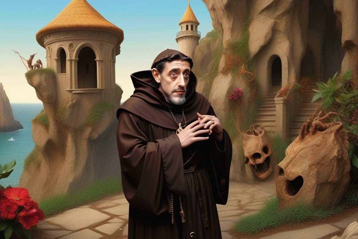 the temptations of (((Saint Anthony))),  with some beautiful and sensual pinups around him - Tim Burton's style - colorful, ultra high quality, sharp focus, focused, high focus, very sharp, high definition, extremely detailed, hyperrealistic, intricate, fantastic view, very attractive, fantasy, imperial colors,aw0k euphoric style