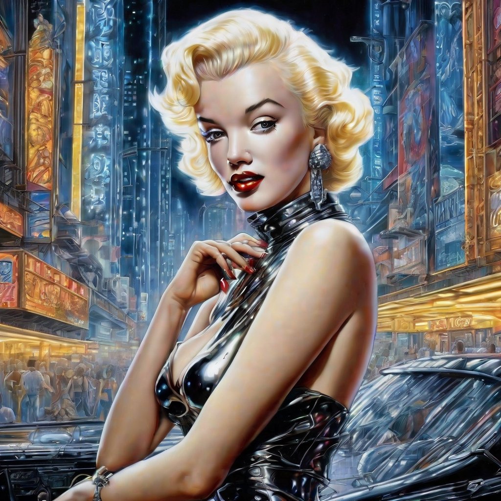 "Marilyn Monroe" (Hajime Sorayama pinups style) in a "cyberpunk vintage retro-future gothic city" - ultra high quality, sharp focus, focused, high focus, very sharp, high definition, extremely detailed, hyperrealistic, intricate, fantastic view, very attractive, fantasy, imperial colors, colorful,darkart