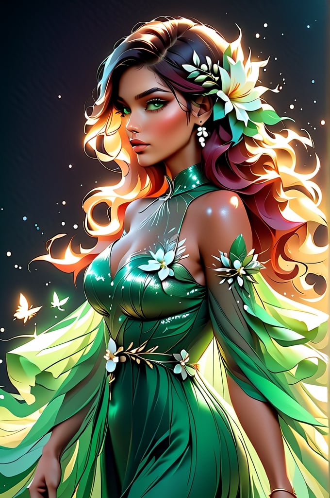 a woman with a flower in her hair and a green dress, elegant digital painting, exquisite digital illustration, glossy digital painting, digital art of an elegant, style in digital painting, realistic digital art 4 k, realistic digital art 4k, in style of digital painting, style digital painting, in style of digital illustration, digital painting style, beautiful art uhd 4 k,DonMB4nsh33XL 