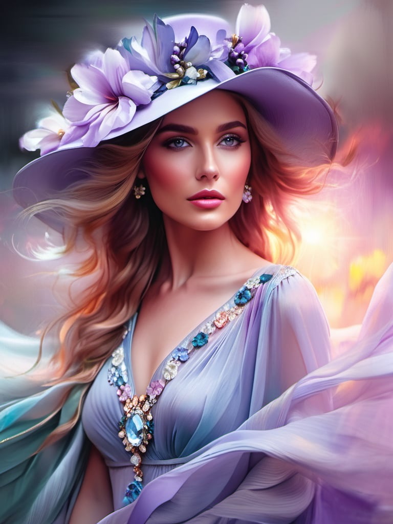 ((sunlight, sun rays)). Close-up of a waist-length woman in a lilac blue chiffon dress with a low neckline, elbow length sleeves, a hat with one large flower, large expressive eyes, black eyelashes, beautiful anatomy, Flower Storm Portrait, Digital Painting On Fire, Digital Painting Style, Stylized Beautiful Portrait, Sultry Digital Painting, Stunning Digital Painting, Portrait Photography, Fashion Photography Art, Beautiful Fantasy Portrait Inspired by Horst Anthes, Digital Fantasy Portrait, Gorgeous Digital Painting, DonMM4g1cXL, more XL, more XL, DonMB4nsh33XL