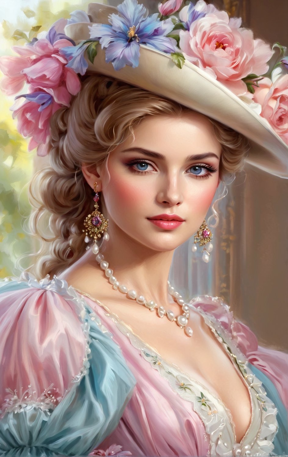 painting of a woman with a hat and flowers on her head, elegant digital painting, Victorian lady, fantasy Victorian art, Rococo queen, Beautiful character painting, detailed beautiful portrait, beautiful Victorian woman, beautiful fantasy portrait, exquisite digital illustration, Princess portrait, elegant portrait , Victorian woman portrait, Elegant woman, bowwater style,more detail XL,Face makeup,Glossy finish