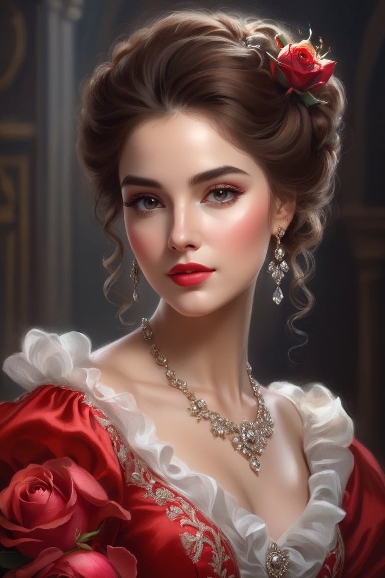 woman in red dress with rose in her hair, elegant digital painting, elegance digital art, baroque digital painting, elegant portrait, exquisite digital illustration, stunning digital illustration, fantasy style portrait, realistic 4k digital art, realistic 4k digital art, Beautiful digital illustration, bowwater style, beautiful portrait in fantasy style, digital painting of the Renaissance