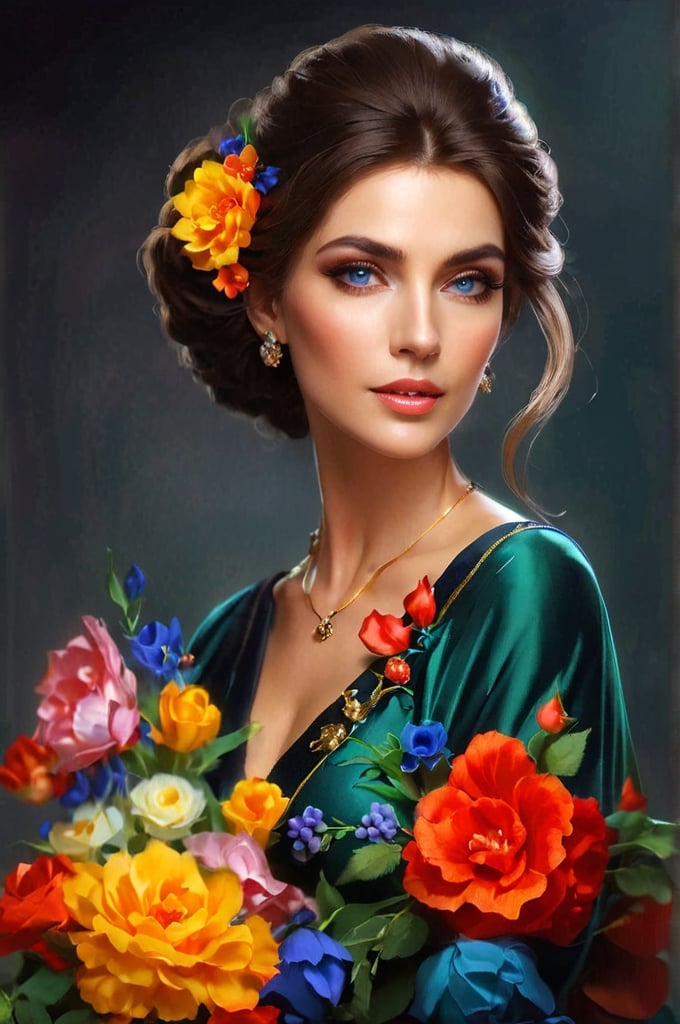 beautiful 50 years old woman in a blue dress with flowers in her hair, beautiful fantasy woman, beautiful woman, beautiful Victorian art portrait, beautiful Victorian art, beautiful fantasy portrait, Princess portrait, beautiful princess woman, fantasy woman, fantasy Victorian art, beautiful gorgeous digital art, fantasy portrait, very beautiful fantasy art, fantasy beautiful, beautiful digital images, elegant digital painting,colorful,DonMB4nsh33XL ,color art,Face makeup