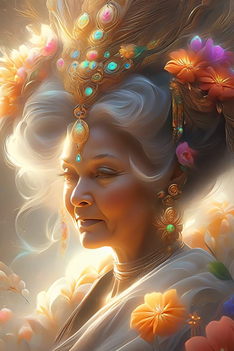 close-up of a 60 year old woman with a flower on one temple, beautiful digital art, beautiful great digital art, beautiful digital art, beautiful digital illustration, beautiful fantasy portrait, very beautiful digital art, beautiful digital painting, great digital painting, beautiful fantasy portrait, stunning digital art, stunning digital illustration, beautiful portrait image, stunning digital painting, stunning digital art