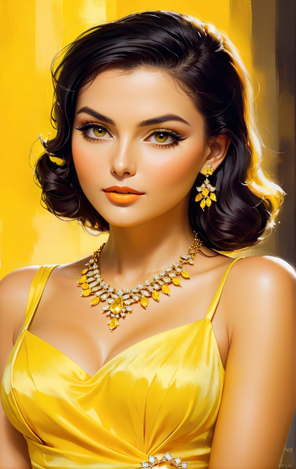 woman in yellow dress with necklace and earrings, digital art of elegance, Beautiful digital illustration, stunning digital illustration, elegant digital painting, gorgeous woman, gorgeous beautiful woman, beautiful digital images, Faye Valentine, very beautiful woman, exquisite digital illustration, elegant yellow skin , beautiful yellow woman, beautiful artwork illustration, portrait of modern darna, beautiful woman