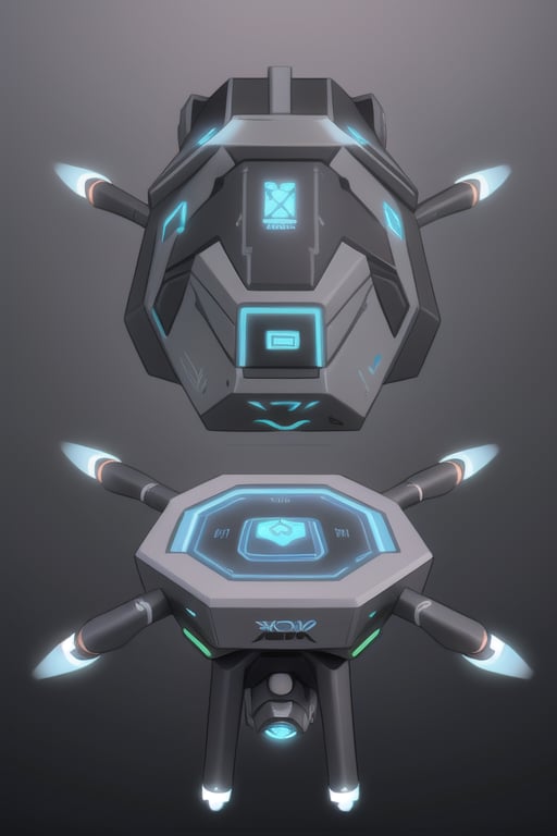 An advanced drone designed to operate without propellers, using gravitational propulsion technology, friendly floating hexagonal shape. This drone is autonomous and features an interactive interface that shows your moods. Functionality and style, standing out for its casing inspired by cyberpunk and Tron, with a light gray finish. friendly and very observant