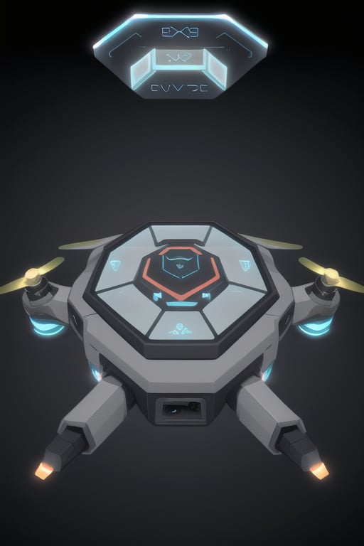 An advanced drone designed to operate without propellers, using gravitational propulsion technology, friendly floating hexagonal shape. This drone is autonomous and features an interactive interface that shows your moods. Functionality and style, standing out for its casing inspired by cyberpunk and Tron, with a light gray finish. friendly and very observant