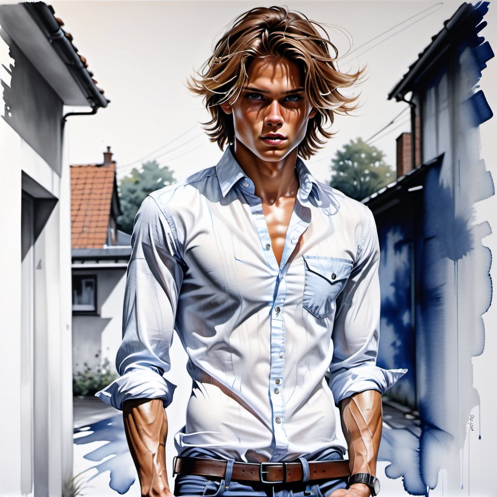 black and white painting, Duisburg, messy hair, guy, looks like Marcus Schenkenberg, twenty years old, tan skin, middle part hair, darkblonde hair, middle length hair,,  strands of hair on the face, darkblue eyes, lips opened, abs, wide open shirt, wet white shirt, long sleeves rolled up, see through shirt, shirt stretched, shirt wide open so you can see the perfect body, shirt collar wide open, shirt opened up to the belly button, very tight fitting shirt, skin_tight-Shirt, bright shoulders, arrogant, shirt bottom in jeans, narcissistic, tight fitting jeans trouser, leather belt, sexy, tight shirt, backyard, Extremely Realistic,Sketch