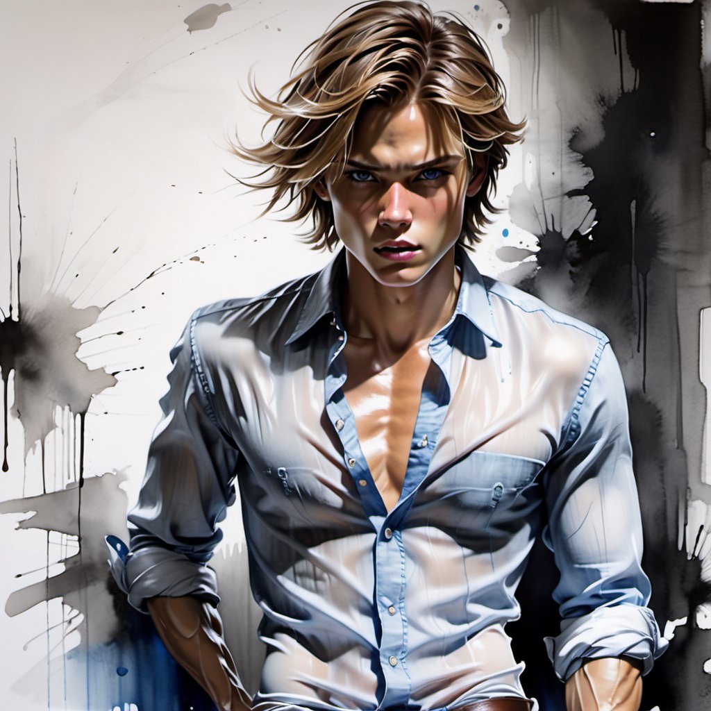 black and white painting, dark cellar, messy hair, guy, looks like Marcus Schenkenberg, wide open shirt, twenty years old, tan skin, middle part hair, darkblonde hair, middle length hair, strands of hair on the face, blue eyes, lips opened, abs, open shirt, wide open shirt, wet white shirt, long sleeves rolled up, see through shirt, shirt stretched, shirt wide open so you can see the perfect body, shirt collar wide open, shirt opened up to the belly button, very tight fitting shirt, skin_tight-Shirt, bright shoulders, arrogant, shirt bottom in jeans, narcissistic, tight fitting jeans trouser, leather belt, sexy, tight shirt, aggressive, angry, arrogant, ready to fight,   Extremely Realistic,Sketch