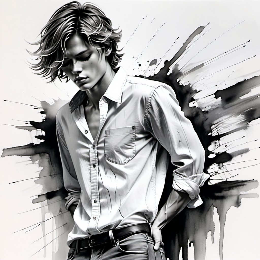 black and white painting, dark room,  messy hair, guy, looks like Marcus Schenkenberg, twenty years old, sleeping, tan skin, middle part hair, darkblonde hair, middle length hair, strands of hair on the face, closed eyes, lips opened, abs, wide open shirt, wet white shirt, long sleeves rolled up, see through shirt, shirt stretched, shirt wide open so you can see the perfect body, shirt collar wide open,  tight fitting shirt, skin_tight-Shirt, bright shoulders, arrogant, shirt bottom in jeans, narcissistic, tight fitting jeans trouser, leather belt, sexy, tight shirt, backyard, Extremely Realistic,Sketch