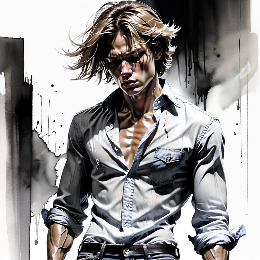 black and white painting, noir comic,dark cellar, messy hair, guy, looks like Marcus Schenkenberg, wide open shirt, beaten up, twenty years old, tan skin, middle part hair, darkblonde hair, middle length hair, strands of hair on the face, closed eyes, lips opened, abs, open shirt, wide open shirt, wet white shirt, long sleeves rolled up, see through shirt, shirt stretched, shirt wide open so you can see the perfect body, shirt collar wide open, shirt opened up to the belly button, very tight fitting shirt, skin_tight-Shirt, bright shoulders, arrogant, shirt bottom in jeans, narcissistic, tight fitting jeans trouser, leather belt, sexy, tight shirt, aggressive, angry, arrogant, ready to fight, unconscious,  Extremely Realistic,Sketch