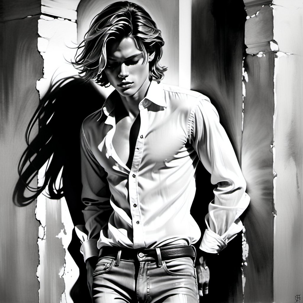 black and white painting, cemetery, messy hair, guy, looks like Marcus Schenkenberg, wide open shirt, twenty years old, sleeping, tan skin, middle part hair, darkblonde hair, middle length hair, strands of hair on the face, closed eyes, lips opened, abs, open shirt, wide open shirt, wet white shirt, long sleeves rolled up, see through shirt, shirt stretched, shirt wide open so you can see the perfect body, shirt collar wide open, shirt opened up to the belly button, very tight fitting shirt, skin_tight-Shirt, bright shoulders, arrogant, shirt bottom in jeans, narcissistic, tight fitting jeans trouser, leather belt, sexy, tight shirt, lying on floor,  Extremely Realistic,Sketch