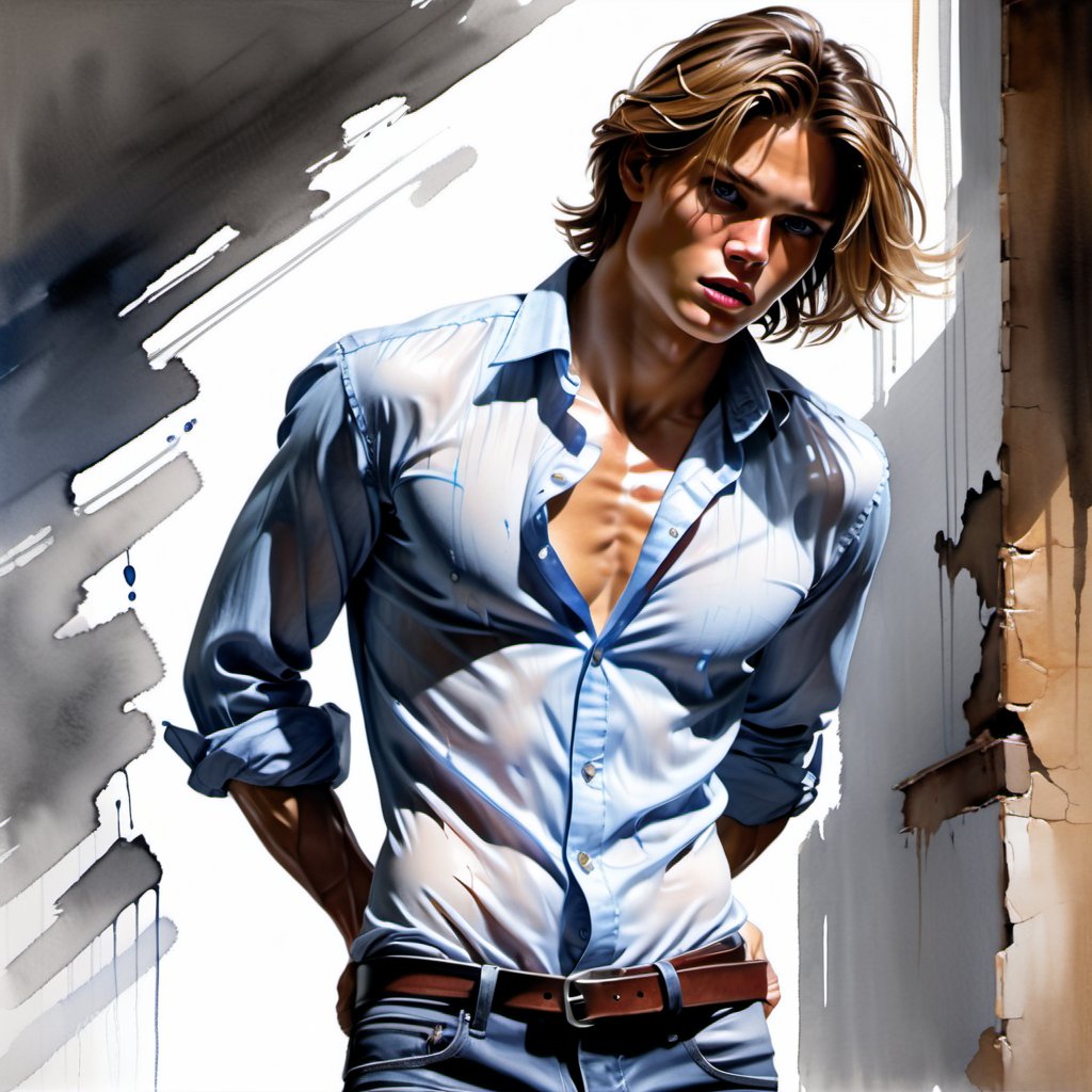 black and white painting, dark cellar, messy hair, guy, looks like Marcus Schenkenberg, wide open shirt, twenty years old, tan skin, middle part hair, darkblonde hair, middle length hair, strands of hair on the face, blue eyes, lips opened, abs, open shirt, wide open shirt, wet white shirt, long sleeves rolled up, see through shirt, shirt stretched, shirt wide open so you can see the perfect body, shirt collar wide open, shirt opened up to the belly button, very tight fitting shirt, skin_tight-Shirt, bright shoulders, arrogant, shirt bottom in jeans, narcissistic, tight fitting jeans trouser, leather belt, sexy, tight shirt, aggressive, angry, ready to fight,   Extremely Realistic,Sketch