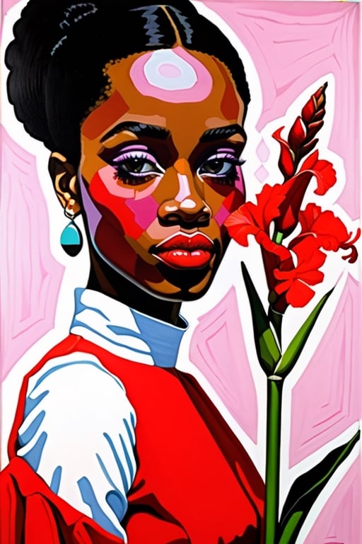 Portrait of a girl with gladiolus,  pop art painting inspired by Barkley Hendricks, tumblr, figurative art, Jen Barthel, Conrad Rozet style, acrylic canvas, illustration

