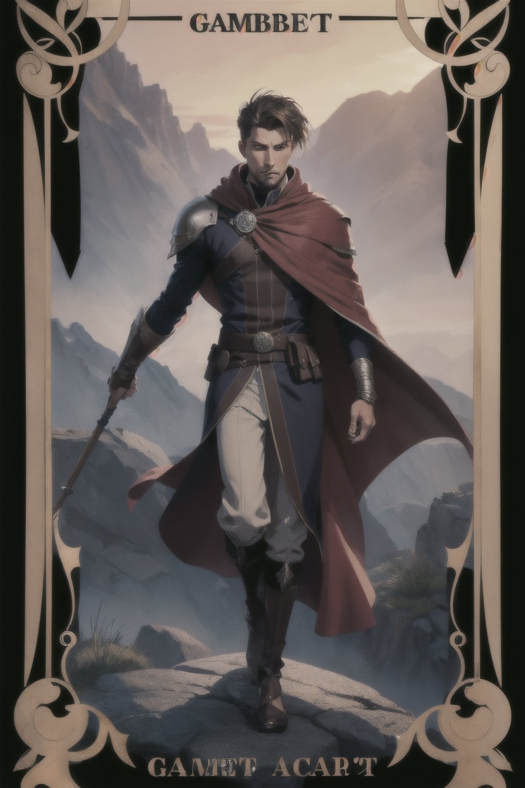 gambit stands on a rock, his cloak blowing in the wind, in one hand he holds his staff, in the other hand he holds a pair of playing cards, insertNameHere