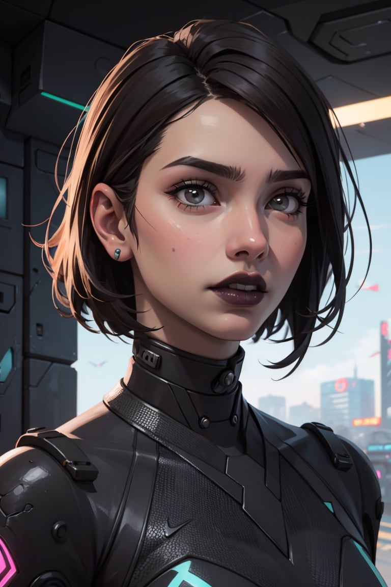 (masterpiece,  best quality:1.4),  (extremely detailed,  8k,  uhd), judy alvarez, cyberpunk 2077, bob cut, bangs, black lipstick, nose ring, portrait, 