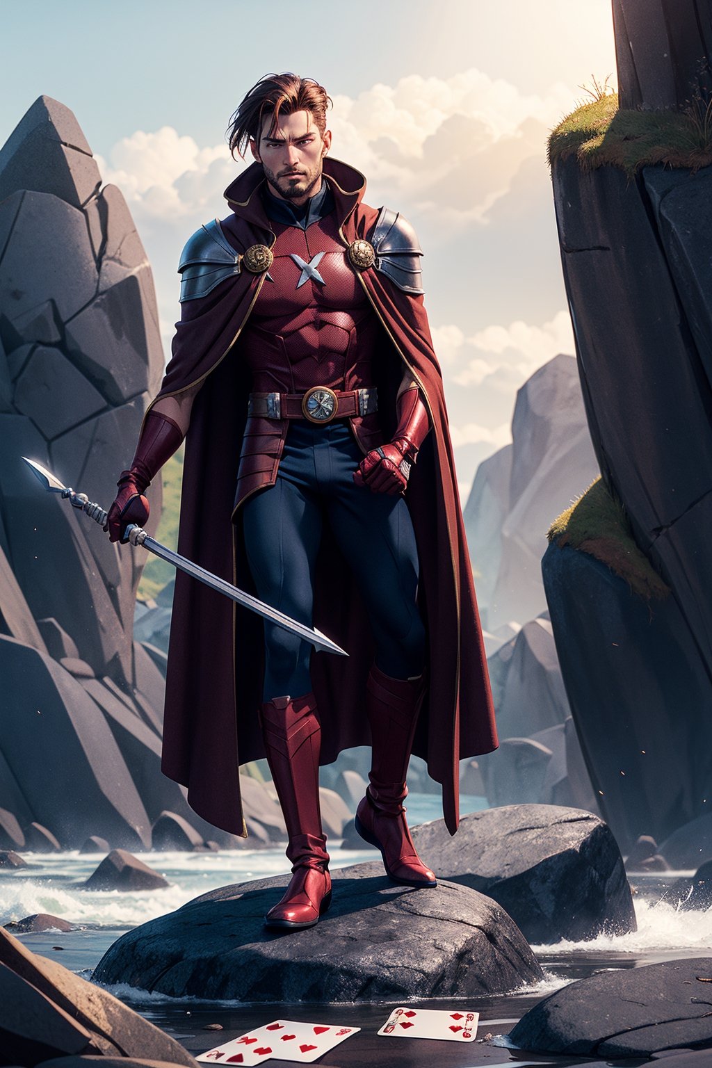 gambit from x-men stands on a rock, his cloak blowing in the wind, in one hand he holds his staff, in the other hand he holds a pair of playing cards, insertNameHere