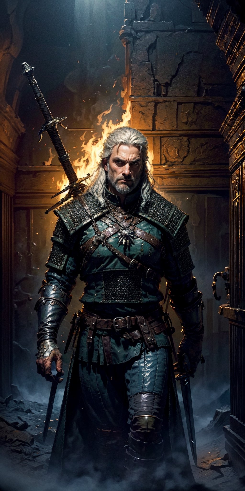 Masterpiece, beautiful details, perfect focus, uniform 8K wallpaper, high resolution, exquisite texture in every detail, The witcher walks through a foggy dark brick hallway, which is sparsely lit with torches hanging in holders on the wall, with his left hand he has drawn his silver sword and points it to the ground, the steel sword is in the sheath on his back,  a grim expression on his face, his medallion hangs visibly around his neck, his eyes glow slightly yellow through the darkness, view from the front, full body, nodf_lora,  beard,  yellow eyes,  armor,  chainmail ,