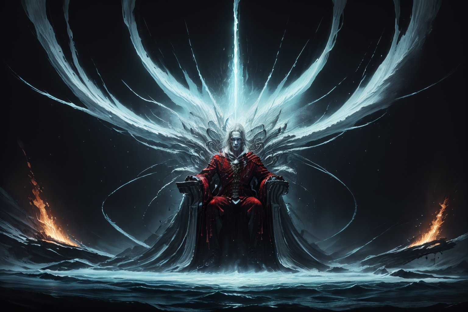 His robes were white as snow, his hair was white like wool. His throne was flaming with fire, its wheels blazing. A river of fire poured out of the throne. Thousands upon thousands served him, tens of thousands attended him. The courtroom was called to order, and the books were opened.,nodf_lora,LegendDarkFantasy,DarkTheme