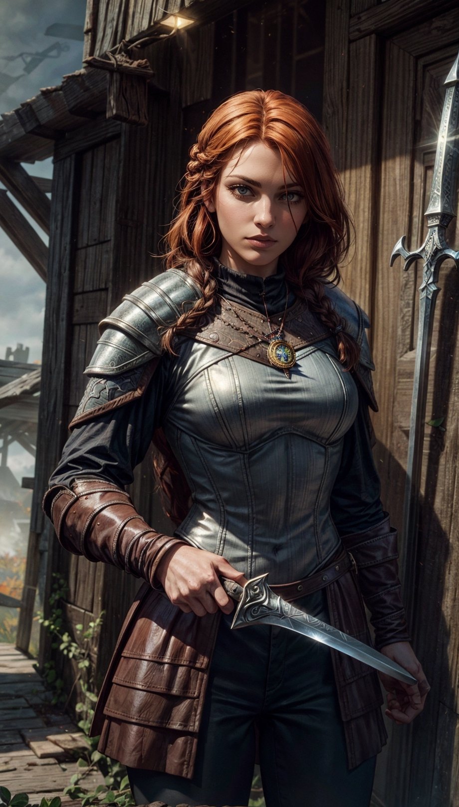 Masterpiece, beautiful details, perfect focus, uniform 8K wallpaper, high resolution, exquisite texture in every detail, Female witcher,brown leather armor with steel plate, ginger hair, braided hair, two swords on back,puts a hand on the sword on his back, wolfhead medallion, witcher armor, Dimly lit, Foggy, Octane Render, Fantasy style, Dark souls style, wood, autumn, her eyes are green and glowing , Masterpiece, 