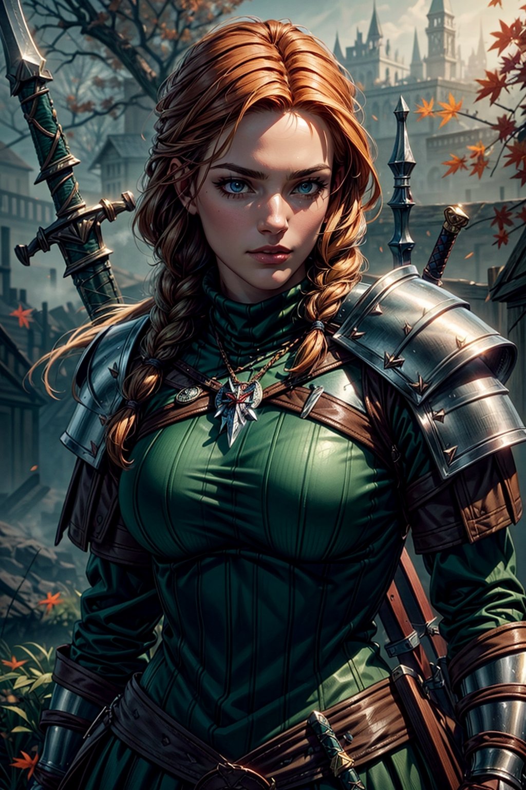 Masterpiece, beautiful details, perfect focus, uniform 8K wallpaper, high resolution, exquisite texture in every detail, Female witcher, ginger hair, braided hair, two swords on back, wolfhead medallion, witcher armor, Dimly lit, Foggy, Octane Render, Fantasy style, Dark souls style, wood, autumn, (green glowing eyes), Masterpiece, 