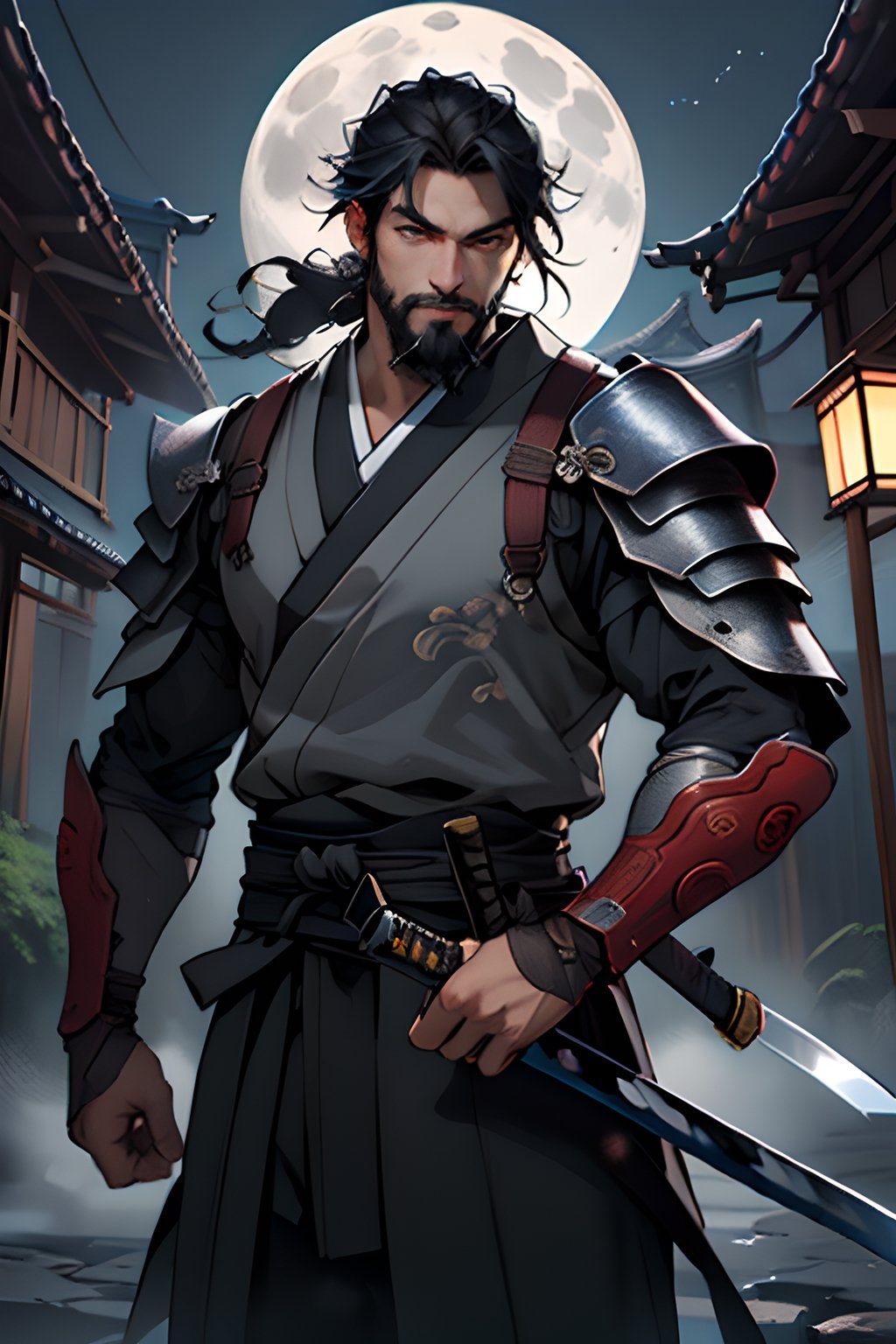 1man,masterpiece,best quality,detailed background,solo,muscular male,cowboy shot,east asian architecture,full moon,japanese armor,holding katana,looking at viewer,beard,detailed eyes,beautiful eyes,standing,depth of field,