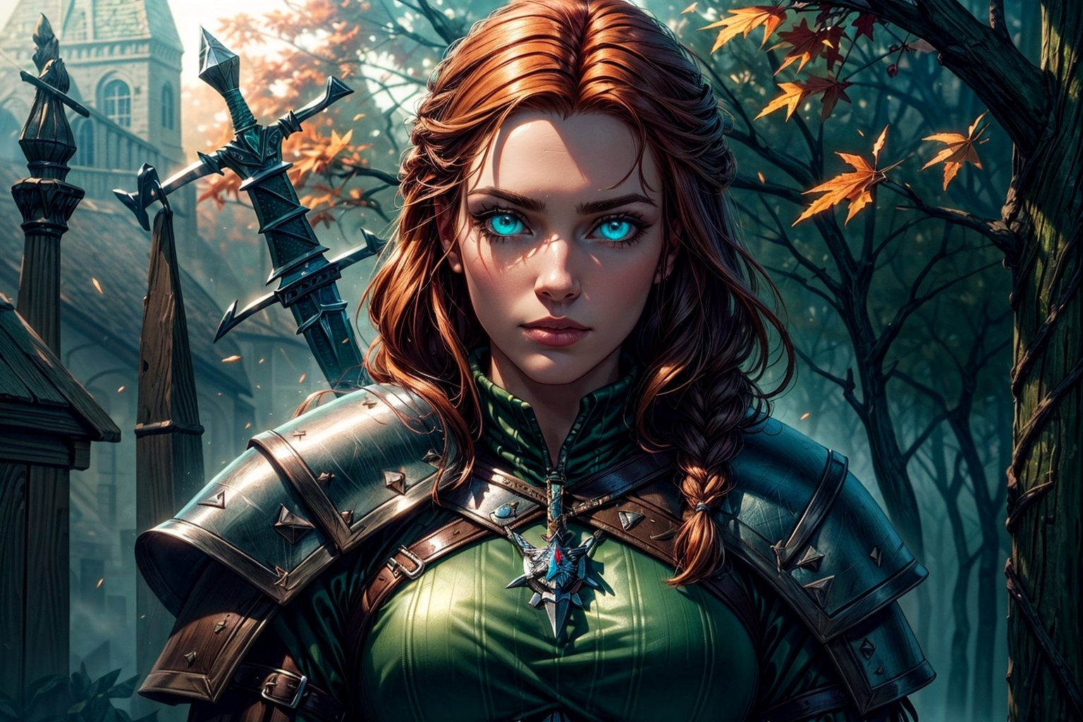Masterpiece, beautiful details, perfect focus, uniform 8K wallpaper, high resolution, exquisite texture in every detail, Female witcher, ginger hair, braided hair, two swords on back, wolfhead medallion, witcher armor, Dimly lit, Foggy, Octane Render, Fantasy style, Dark souls style, wood, autumn, ((green eyes, glowing eyes)), Masterpiece, 