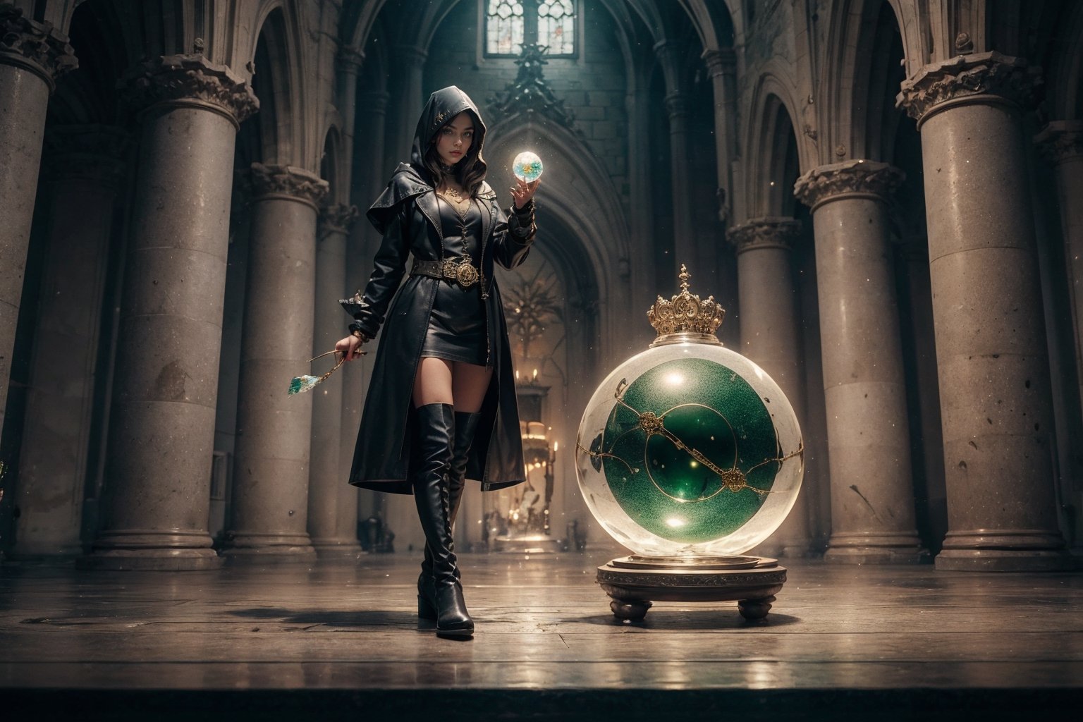 (CharacterSheet:1), sole_female, "a 23 year old sorceress, black hair, green eyes, black leather hood, black leather long boots, holding a crystal ball, medeval wizards castle.",
