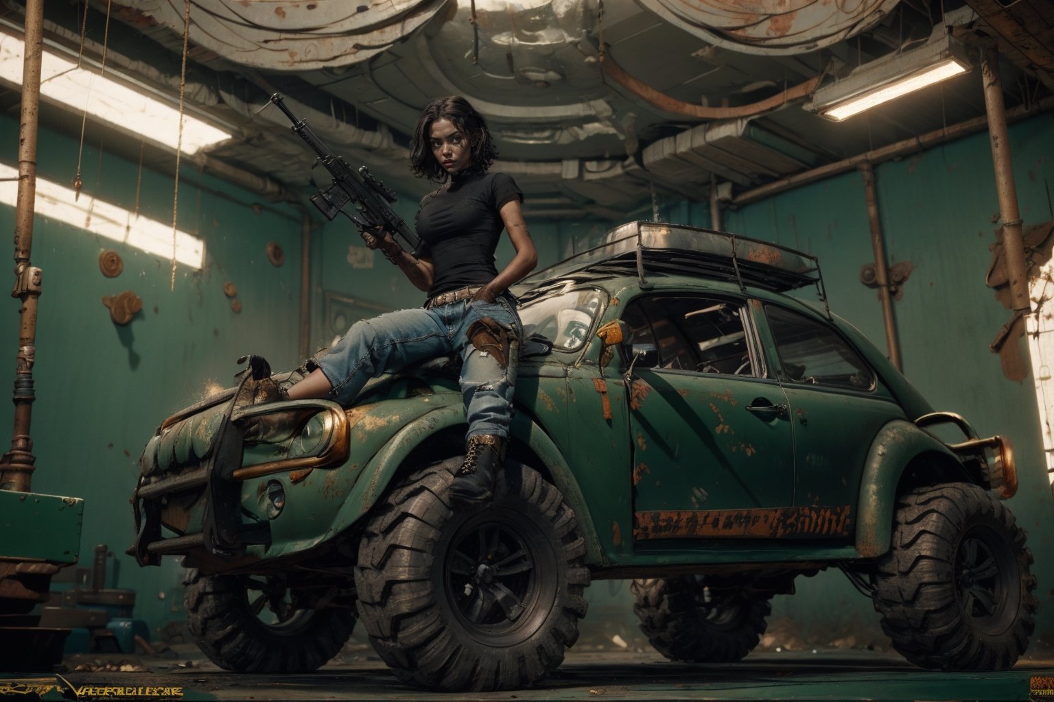 (CharacterSheet:1), angry sole_female, "a 23 year old woman, black hair, dark green tshirt, black combat boots, black gloves, worn jeans, holding a black assault rifle, sitting on a rusted VW Baja Bug with rally-lights, post apocalyptic wasteland.", 