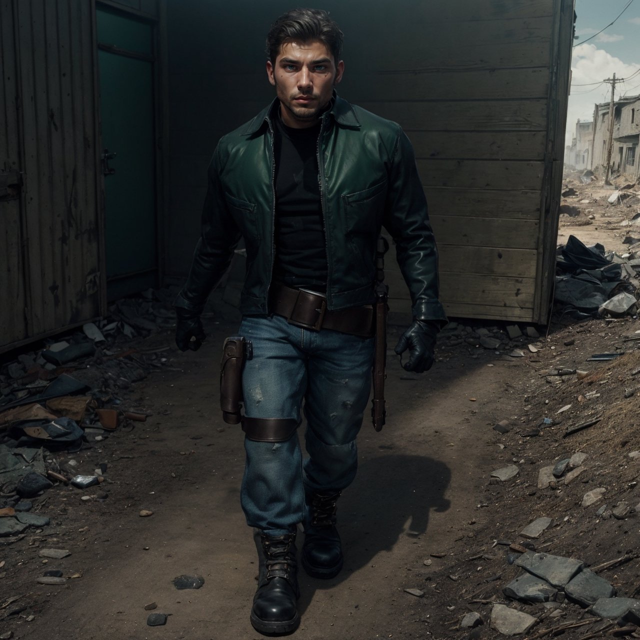 sole_male, "a 23 year old man, black jacket, green tshirt, black combat boots, black gloves, gun holster on right leg, leather belt, worn jeans, walking through a post apocolyptic wasteland.", 
