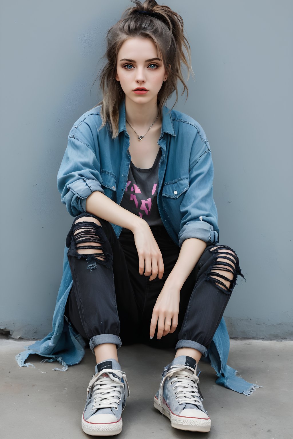 Girl portrait, style by Pajaritito490. Line and ink color painting, 1girl, solo, grunge fashion, distressed jean, oversized ripped flannel shirt layered over graphic band tee, cargo pants, worn-out sneakers paired with neon accent accessories, grey eyes, pale skin, look at viewer,