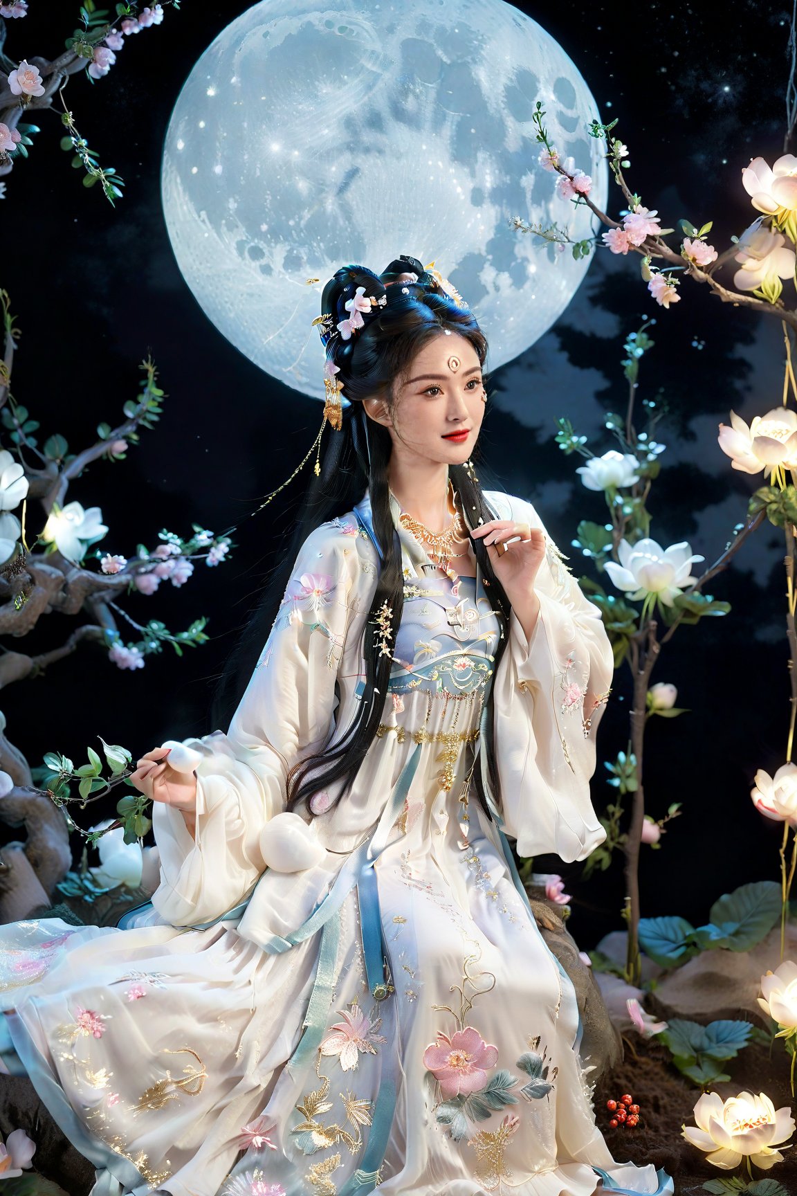 (realistic:1.4), On the moon lives Chang'e, the beautiful moon goddess. She has flawless porcelain skin and long black hair adorned with flowers. Chang'e wears an elegant long white dress embroidered with silver stars. She dances gracefully on the moon, her dress and hair flowing softly. In her arms she tenderly cradles a plump white moon rabbit. Chang'e's serene face glows under the moonlight as she gazes down at the earth. The magical Moon Palace shimmers around her. The laurel tree sways gently beside the divine Chang'e and her moon rabbit.