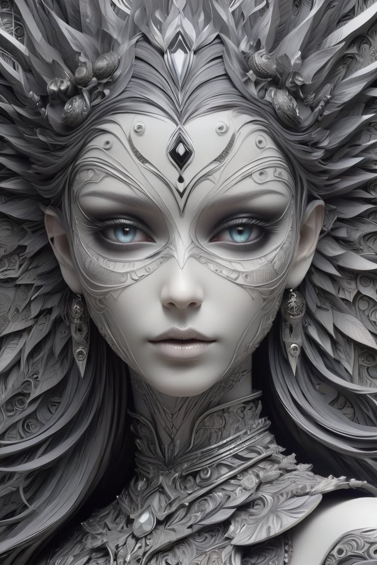 (Black and white, intricate details, close-up of a woman's face with an intricate design, 3DCGI anime fantasy artwork, necro, detailed patterned skin, abstract fragments, impressive eyes, mixed media, 3D rendering Silver painting, symmetrical beauty, ambient occlusion rendering, psytrance), Detailed Textures, high quality, high resolution, high Accuracy, realism, color correction, Proper lighting settings, harmonious composition, Behance works,ct-niji2,xxmix_girl,goth person