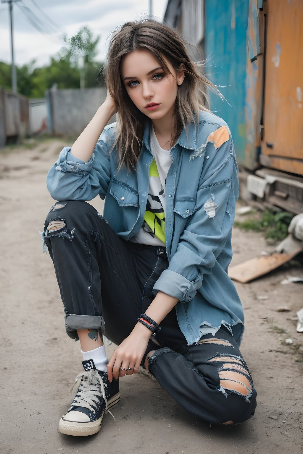 Girl portrait, style by Pajaritito490. Line and ink color painting, 1girl, solo, grunge fashion, distressed jean, oversized ripped flannel shirt layered over graphic band tee, cargo pants, worn-out sneakers paired with neon accent accessories, grey eyes, pale skin, look at viewer,