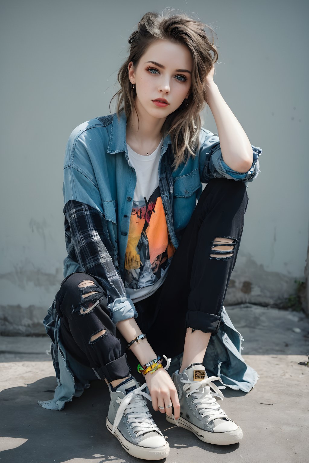 Girl portrait, style by Pajaritito490. Line and ink color painting, 1girl, solo, grunge fashion, distressed jean, oversized ripped flannel shirt layered over graphic band tee, cargo pants, worn-out sneakers paired with neon accent accessories, grey eyes, pale skin, look at viewer,